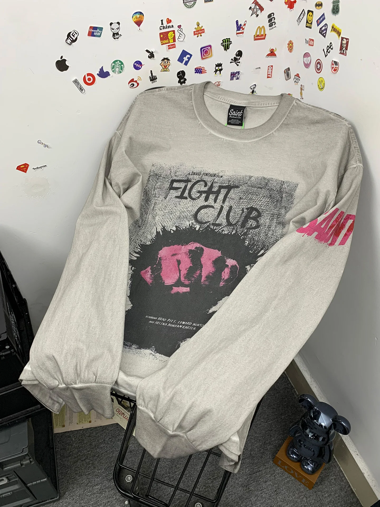 Washed Vintage American Style Long Sleeve T-Shirt Loose Fit Boxing Club Print Casual Breathable Cotton Tee for Men
