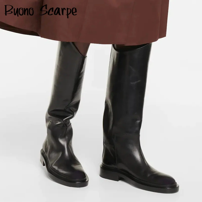 Women Knee High Boots Leather Chunky Knight Boots Autumn Winter Botas Mujer Leather Thick Sole Booties Office Lady Runway Shoes