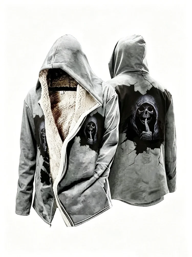 Men's Gothic Skull Print Fleece Lined Hooded Jacket Irregular Zipper Long Warm Cloak Streetwear Coat