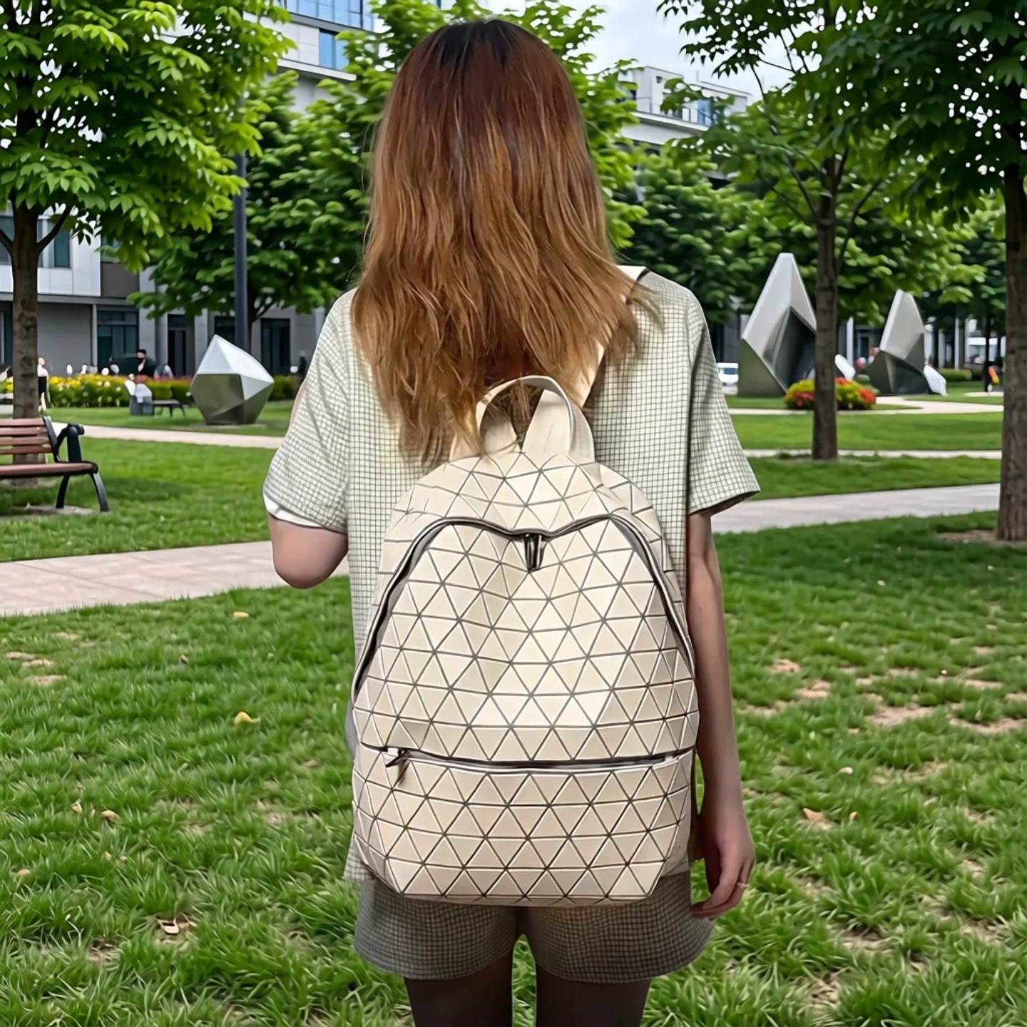 Unisex Large Capacity Diamond Pattern Laptop Backpack Geometric Grid Travel Hiking Shoulder Bag Soft Fabric Zipper Closure