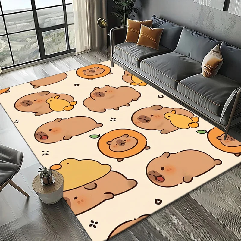 Cute Capybara Cartoon Carpet Mat Rug - Lucky Heart Pattern Home Decoration for Kids Room Living Room Playful Animal Design