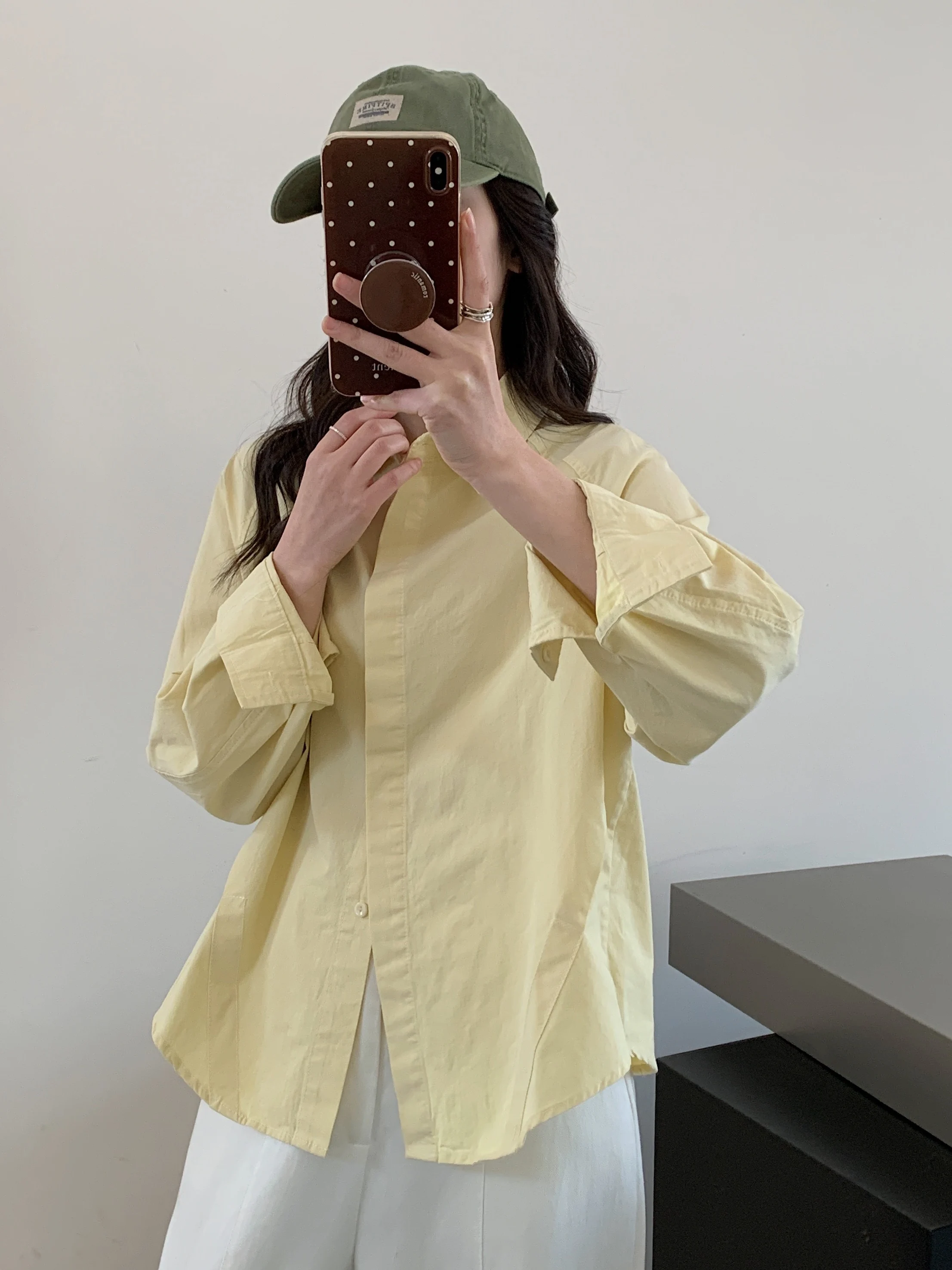 

Весенняя женская хлопковая кофта с отложным воротником, однотонная, простого кроя, с длинным рукавом, для многослойных образов, повседневная, модная