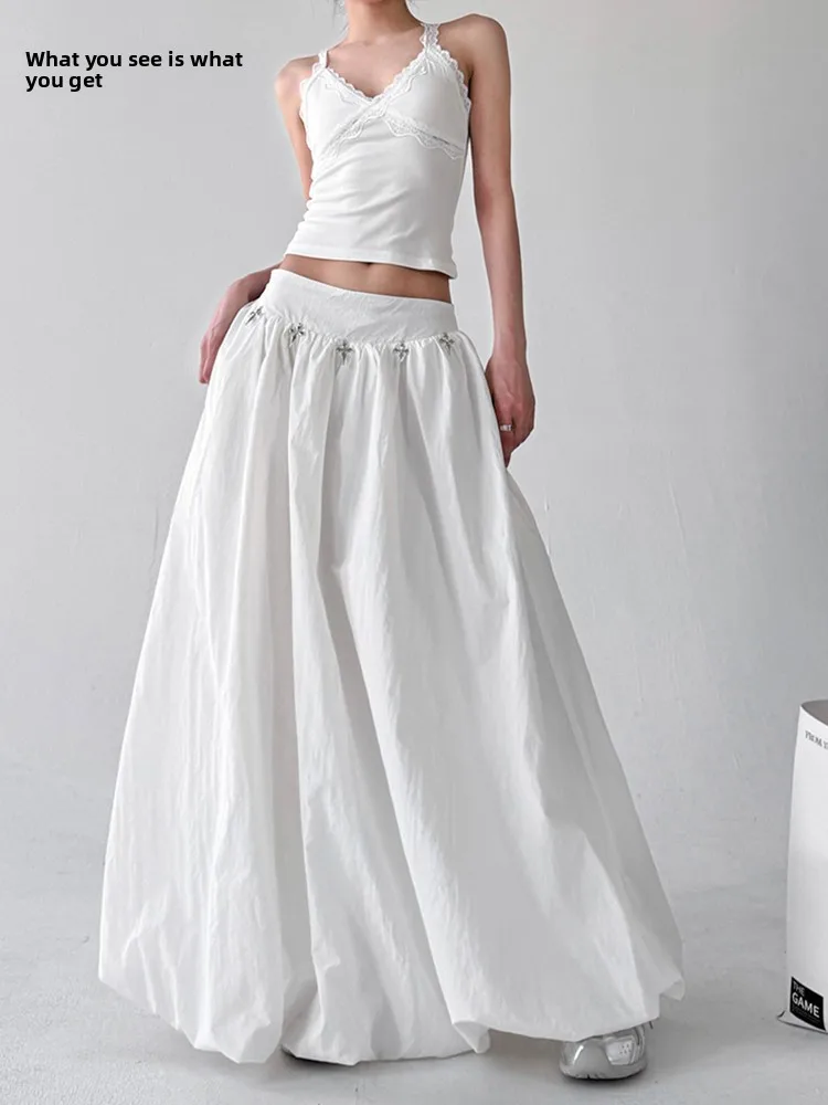 

Puffy Flower Bud A-Line Skirt Women's Long Midi Skirt Pleated High Waist Polyester Cotton Blend Summer New Arrival