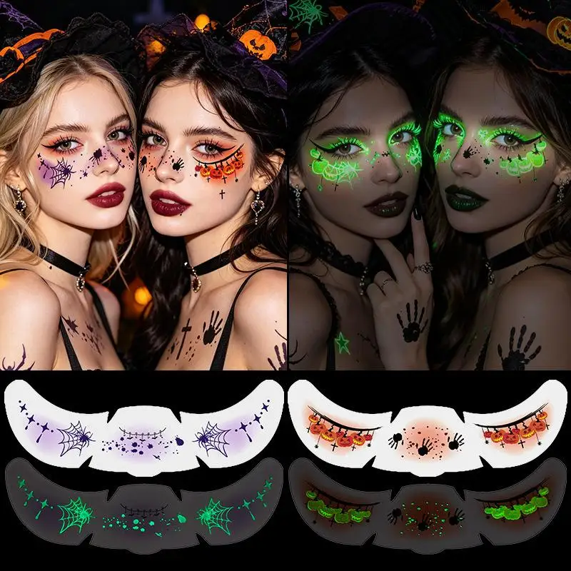 New Glow In The Dark Halloween Temporary Face Tattoos Realistic Scary Patterns For Cosplay Parties Events