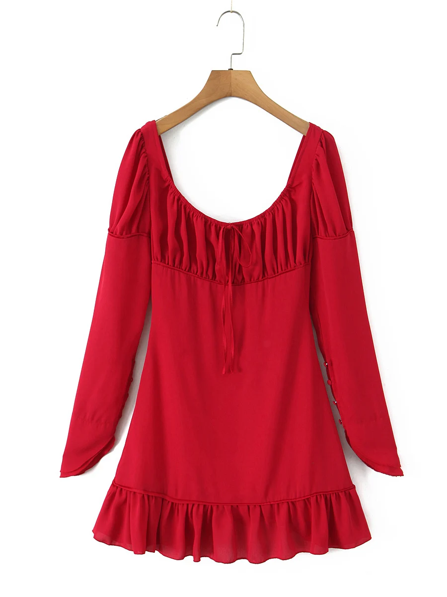 로맨틱 레트로 스퀘어 칼라 긴팔 드레스 디자인 센세이션 슬리밍 순수 욕망 짧은 치마 스트리트 스타일 하이 웨이스트