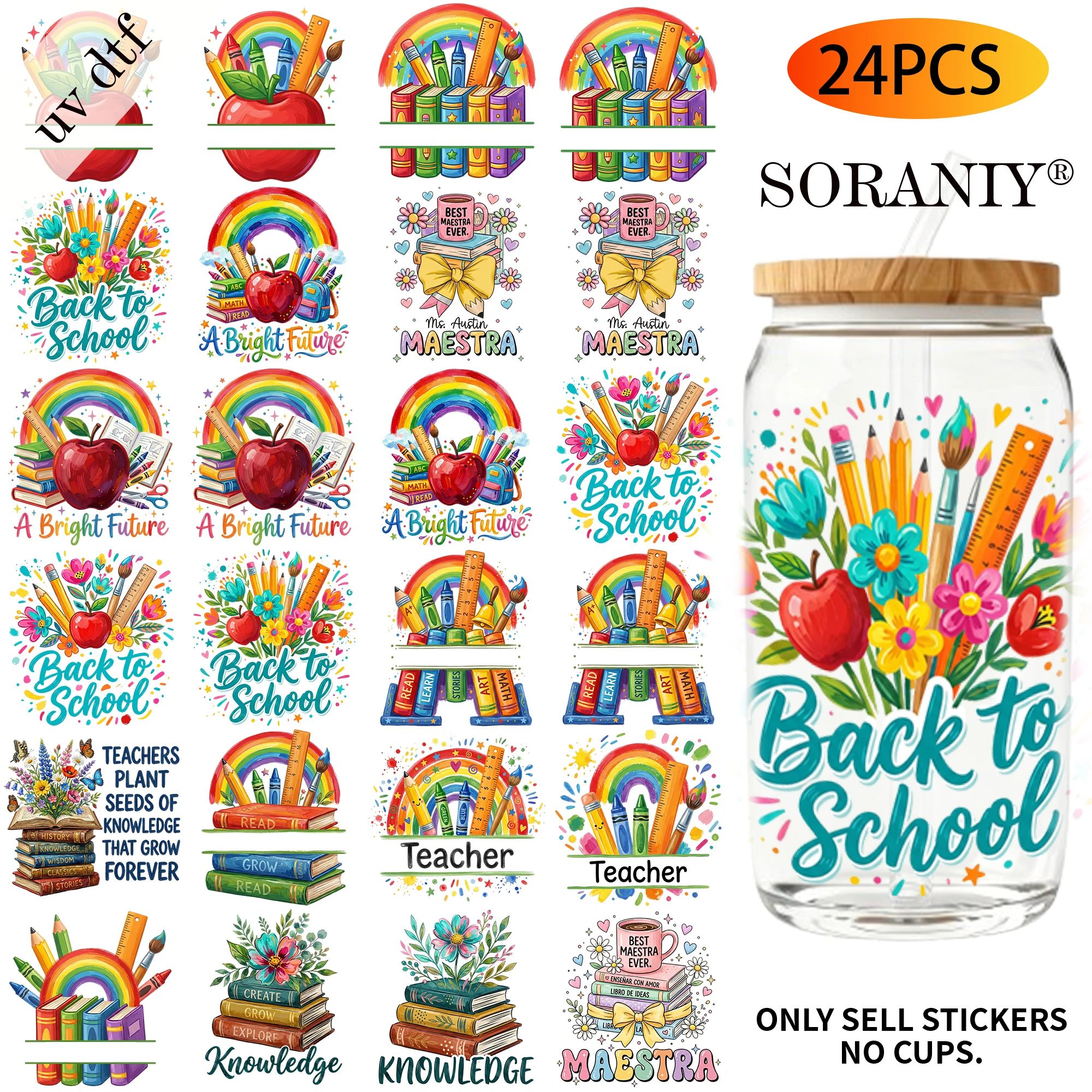 UV DTF Transfer Stickers - 24Pcs/Set Back To School Teacher Theme UV DTF 16OZ DIY Transfer Stickers