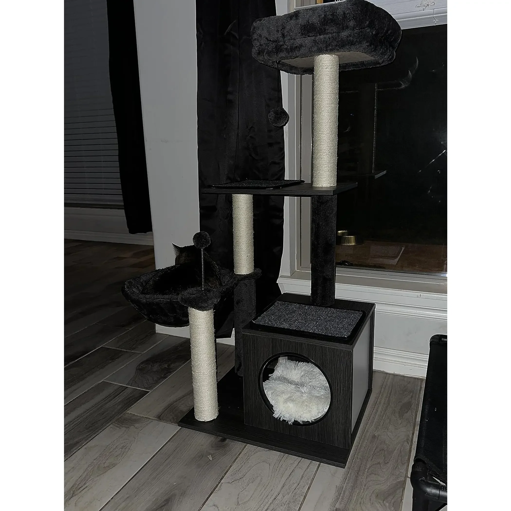 

Black Cat Scratching Post Wooden Hammock Plush Pompom Natural cat tree with cabinet to scratch Furniture Cat Tree