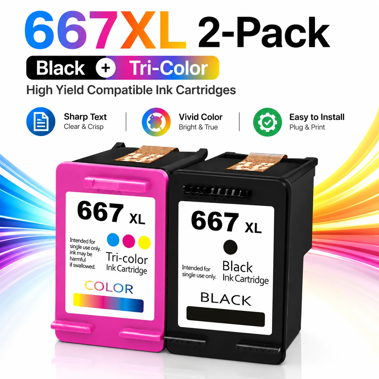 667XL Ink Cartridge Replacement for HP 667 XL Black Tri-Color, DeskJet Ink Advantage 1275 2375 2775 2776 6475 6476