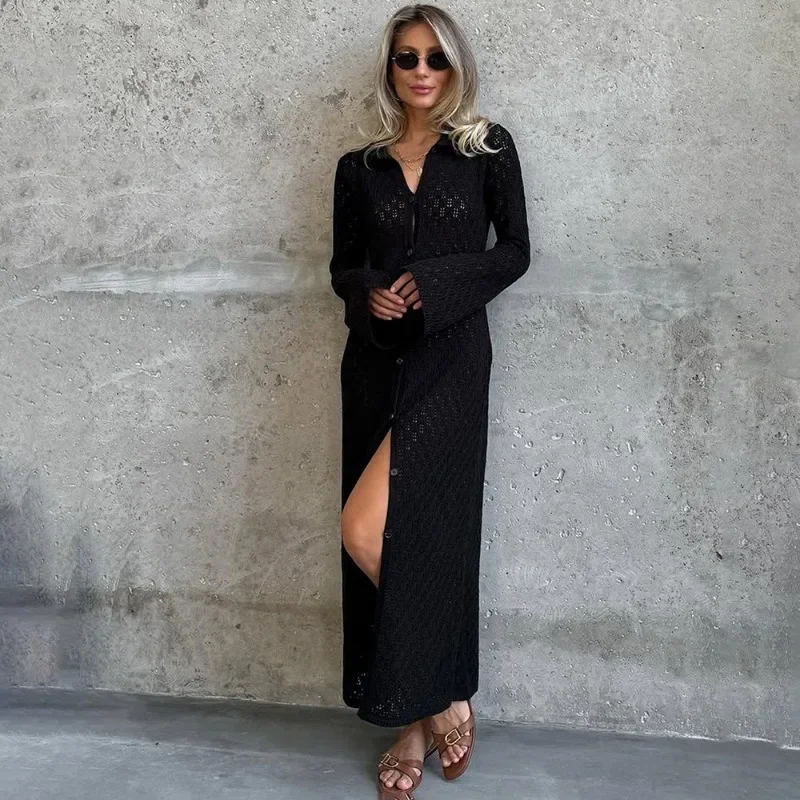 

DINADD Knit Long Dress Solid Hollow Single Breasted Cardigan Dress Casual Loose Lapel Office Lady Vacation Women Knit Dresses