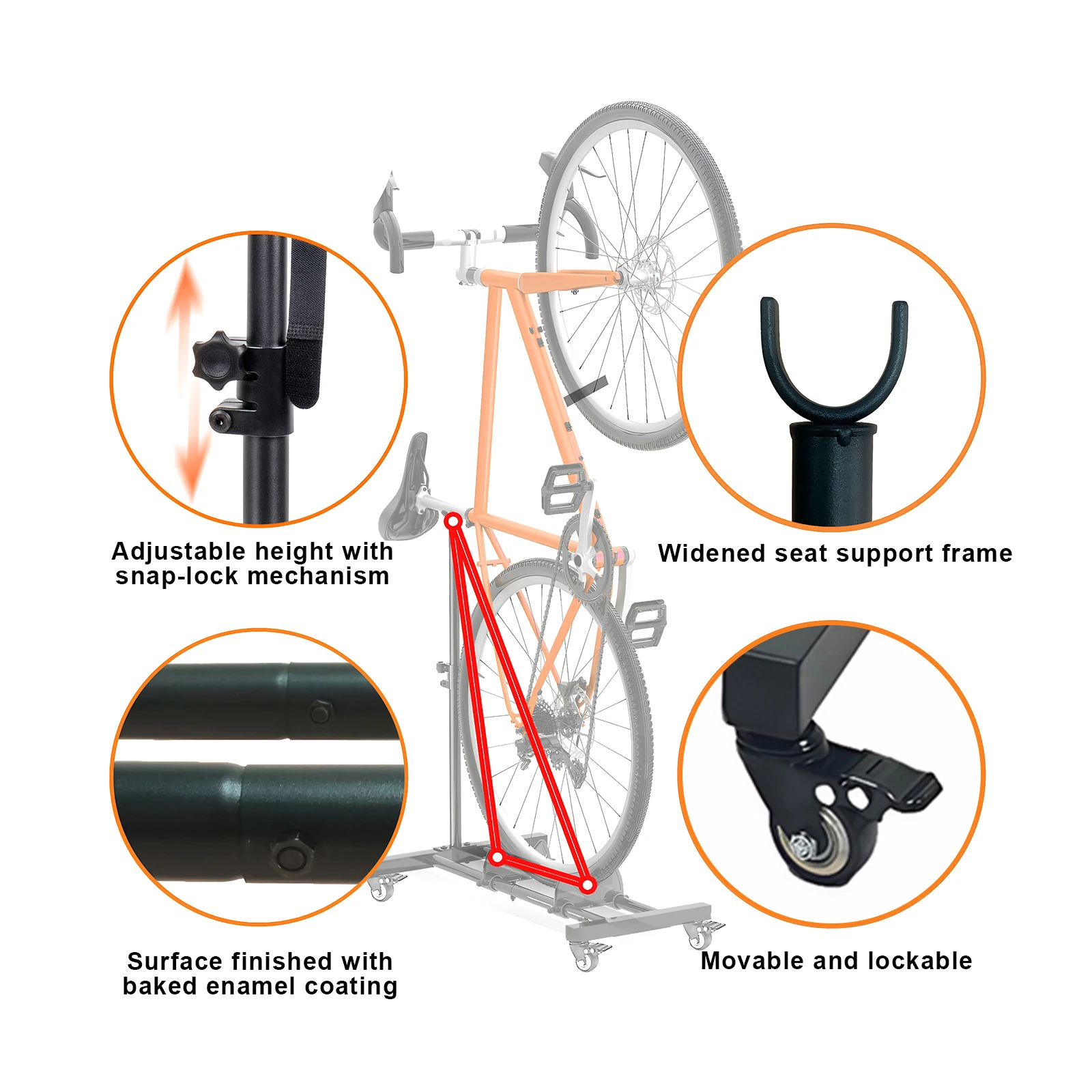 

Portable Bicycle Rack With Casters Vertical Bike Stand Adjustable Height Freestanding Indoor Bikes Holder for Maintenance Garage