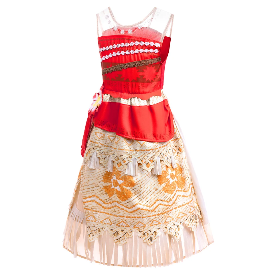 2026 Halloween Moana Costume for Girls Red Polynesian Princess Dress Halloween Fancy Dress Up Tropical Hawaiian Costume