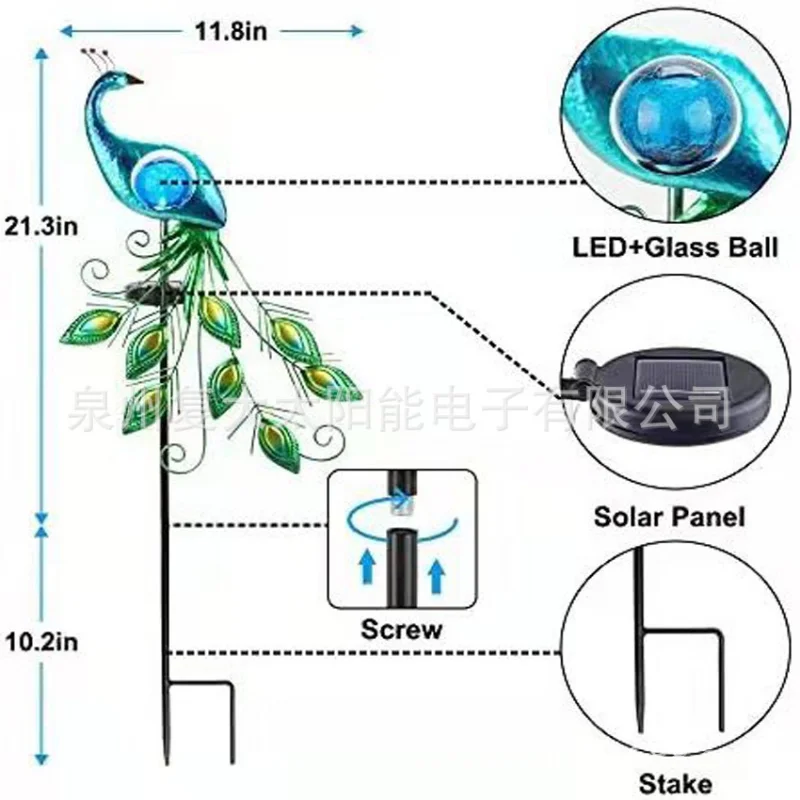 Solar Pavão Ferro Lâmpada LED, Piso Outlet, Bola De Vidro Azul, Jardim Lâmpada