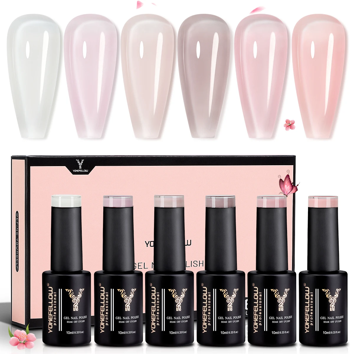 Zestaw lakierów hybrydowych YOKEFELLOW Jelly Gel, 10 ml, zestaw lakierów nude, mleczny nude, prześwitujący róż, lakier hybrydowy UV do zmywania, 6 sztuk