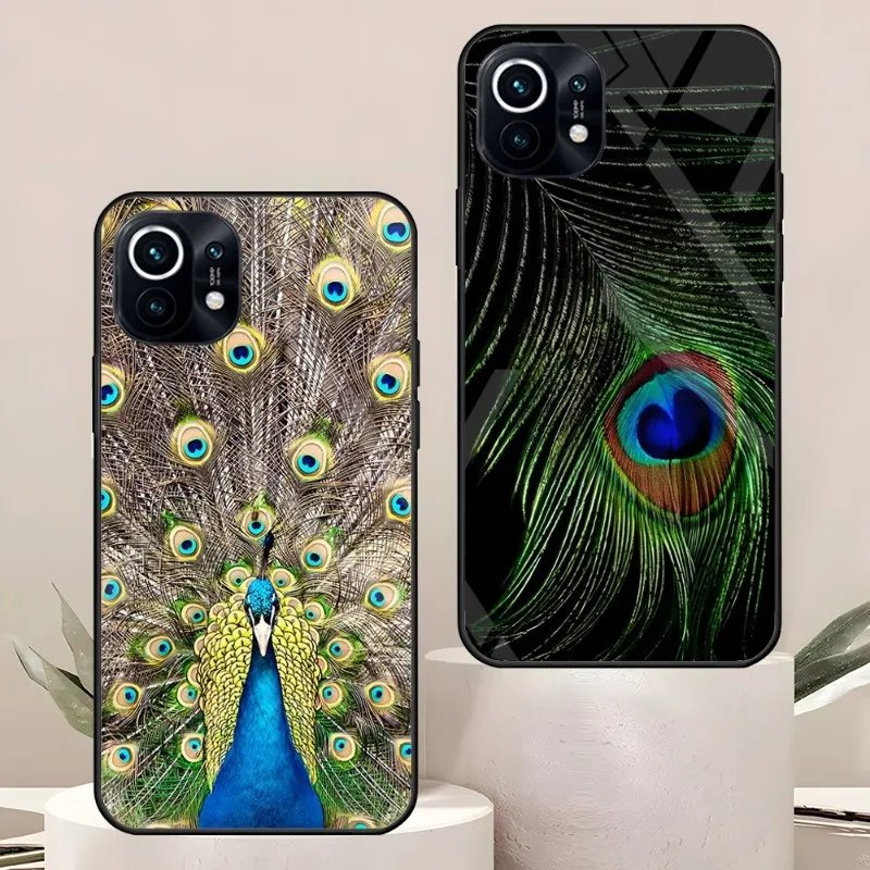 Turquoise Stone Flora Peacock Feather Phone Case For Xiaomi POCO F3 11 12 Pro X T Lite S Note 10 S 5G 8 A 9 Redmi Tempered Glass