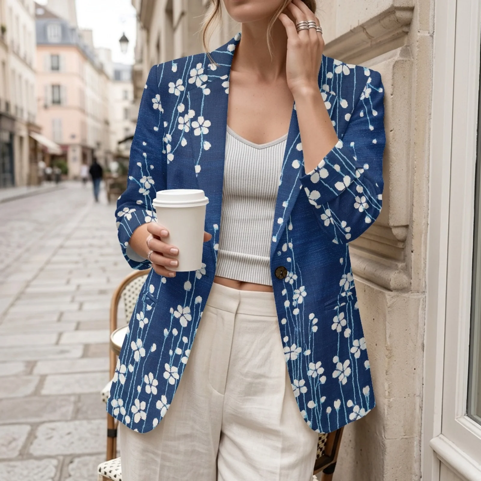 PENSTROLL Blue White Floral Casual Beach Top for Women Linen Like Layering Top Beach Coverups view 3