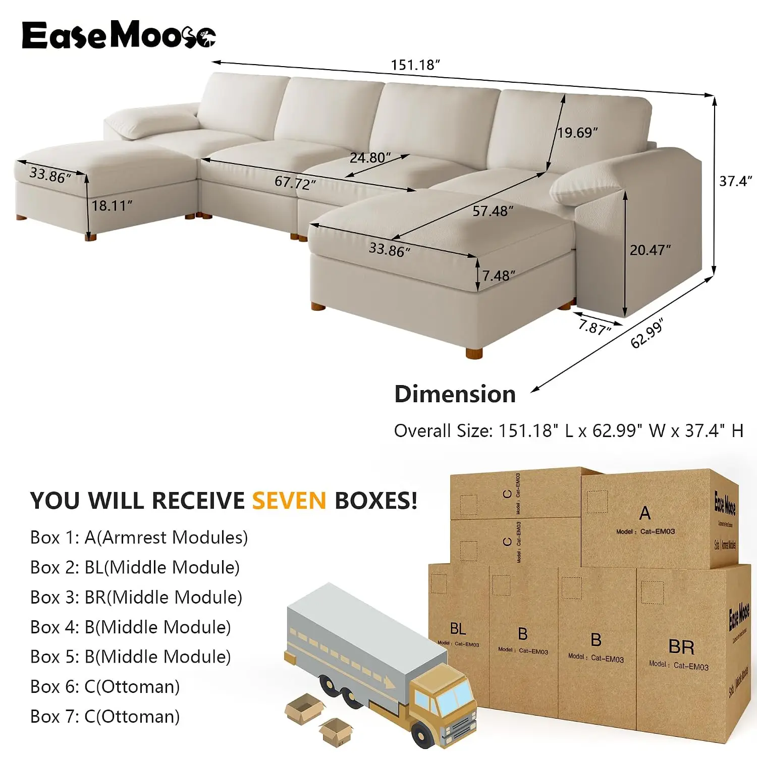 Modular Sectional Sofa, U Shaped Scratch Resistant Couch, Beige, Customized