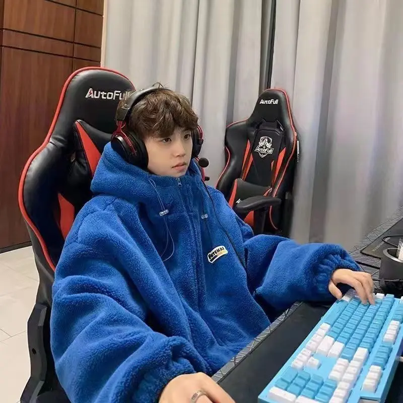 

Klein blue lamb velvet men's autumn and winter cotton jacket thickened cotton coat hooded jacket new cotton jacket