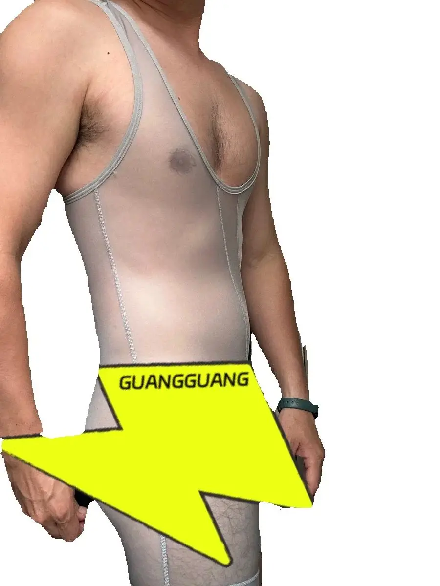 Unique Bodysuit Hot jumpsuit ultra-thin transparent tight boxer shorts ice silk men's I-shaped vest chest shapewear