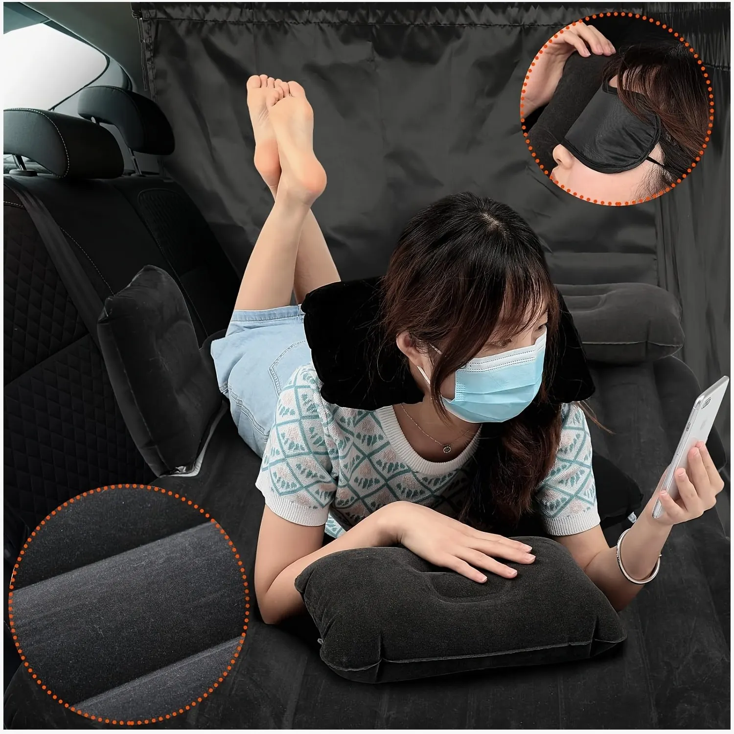 12-Piece Portable Car Sleeping Kit: Inflatable Backseat Air Mattress for SUVs, Trucks & Vans + Privacy Curtain Divider + Window Shade Cover – Compact Travel Bed Set for Camping, Road Trips & Overnight Rest