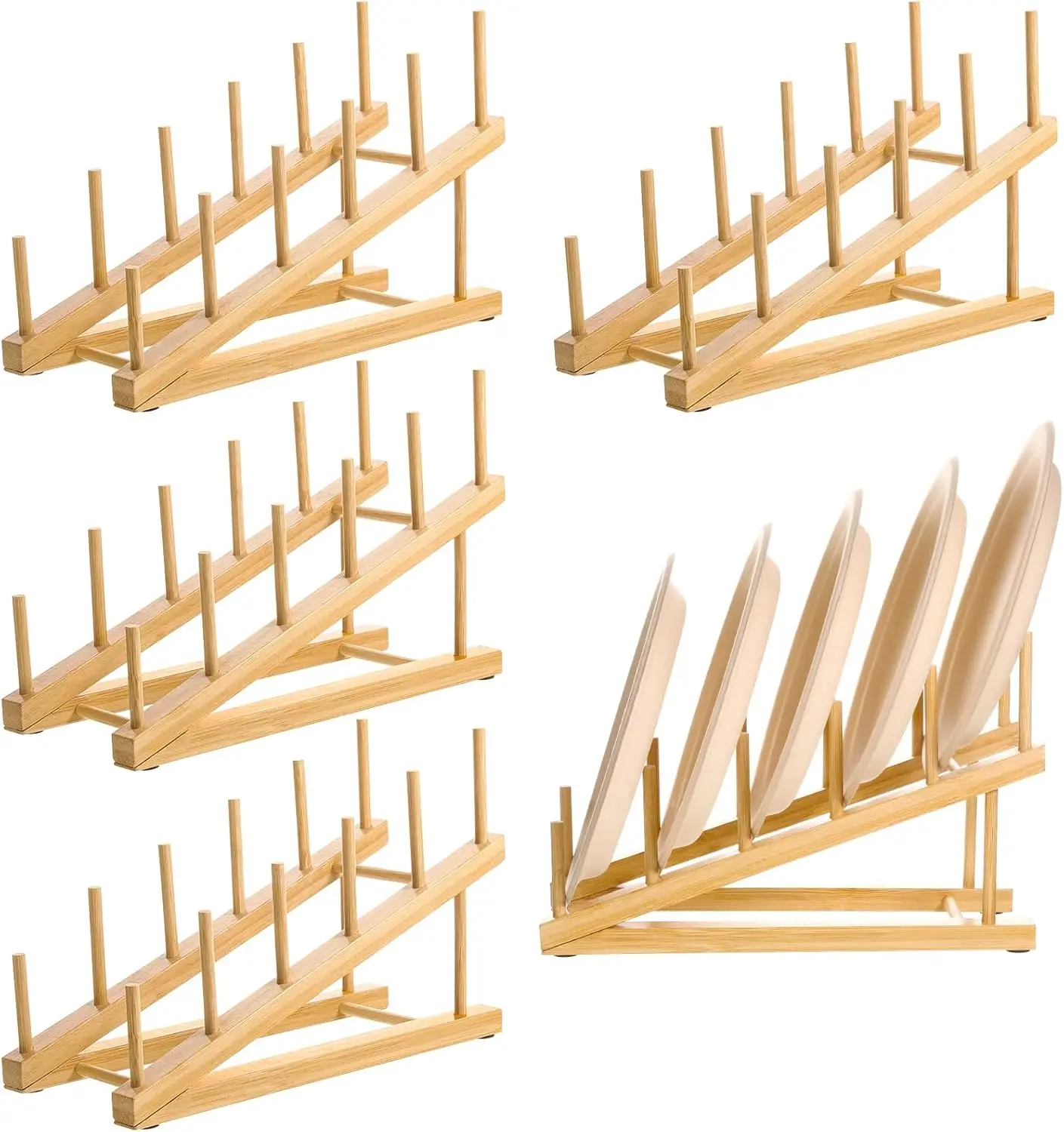

5-Pack Wooden Dish Rack, Multi-Tier Plate Holder for Display and Cabinet Organizer