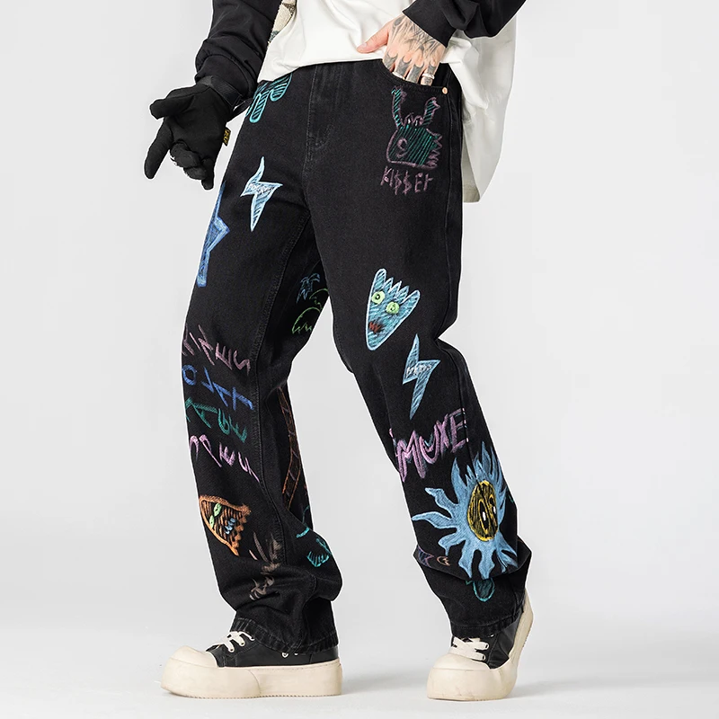 남성용 아메리칸 하이 스트리트 그래피티 프린트 패션 힙합 루즈 캐주얼 데님 배기 청바지 바지 Cityboy streetwear 청바지 바지
