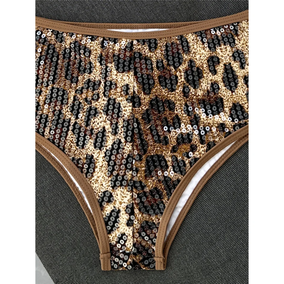 Sexy Bikini mit Leopardenmuster, Neckholder-Design und Pailletten, Damen-Badeanzug, zweiteiliges Bikini-Set, Badebekleidung, Badeanzug, Modell V8312. – Detail 8
