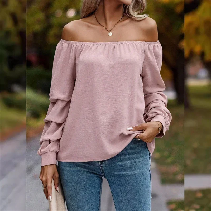 Fashion Stretch Off The Shoulder Neck Pullover Shirt Women Blouse Female Commuter Stacked Long Sleeve Tops New Casual Streetwear