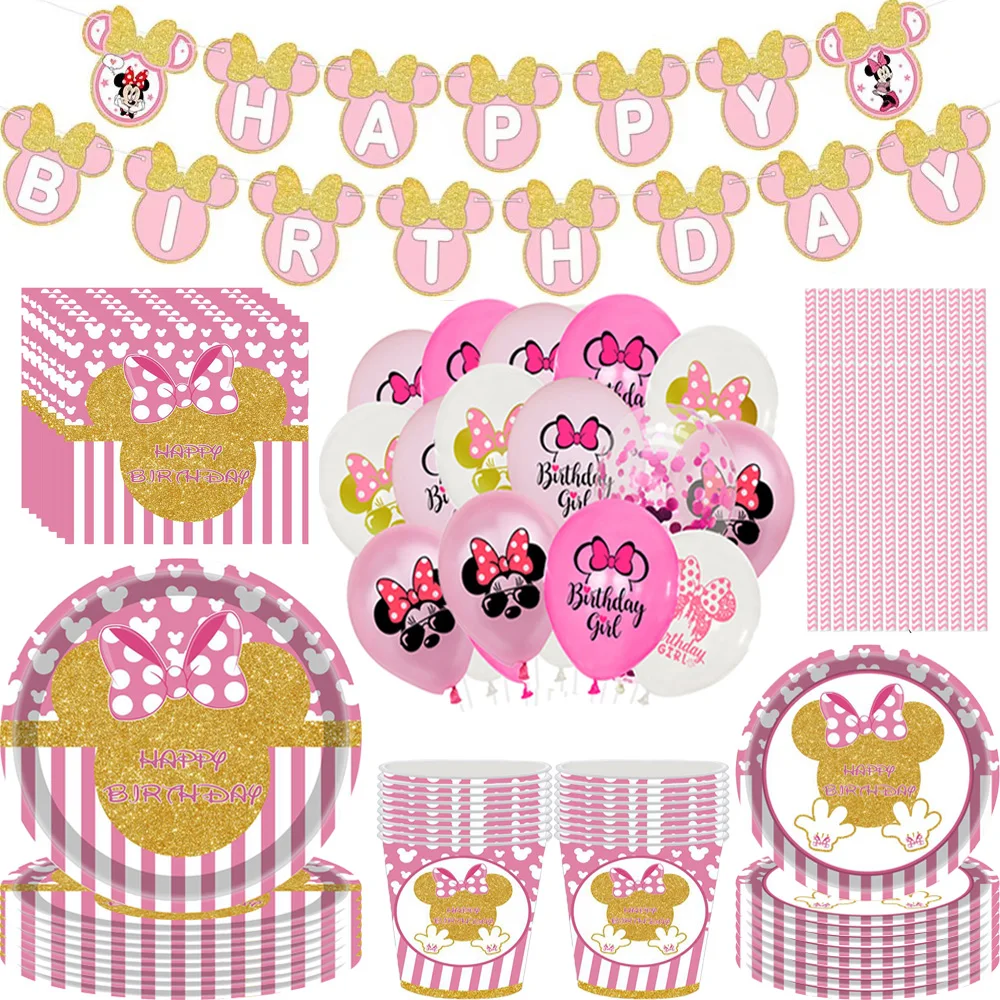 

Disney Minnie Mouse theme happy Birthday party Disposable tableware paper plate cup kids favor party decoration supplies