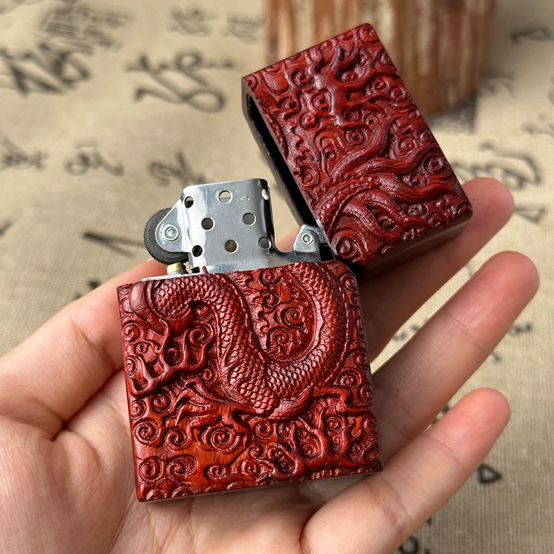 Mahogany Lighter Rosewood Hand-carved Kerosene Windproof Grinding Wheel Lighter Retro Personality Creative Collection Gift