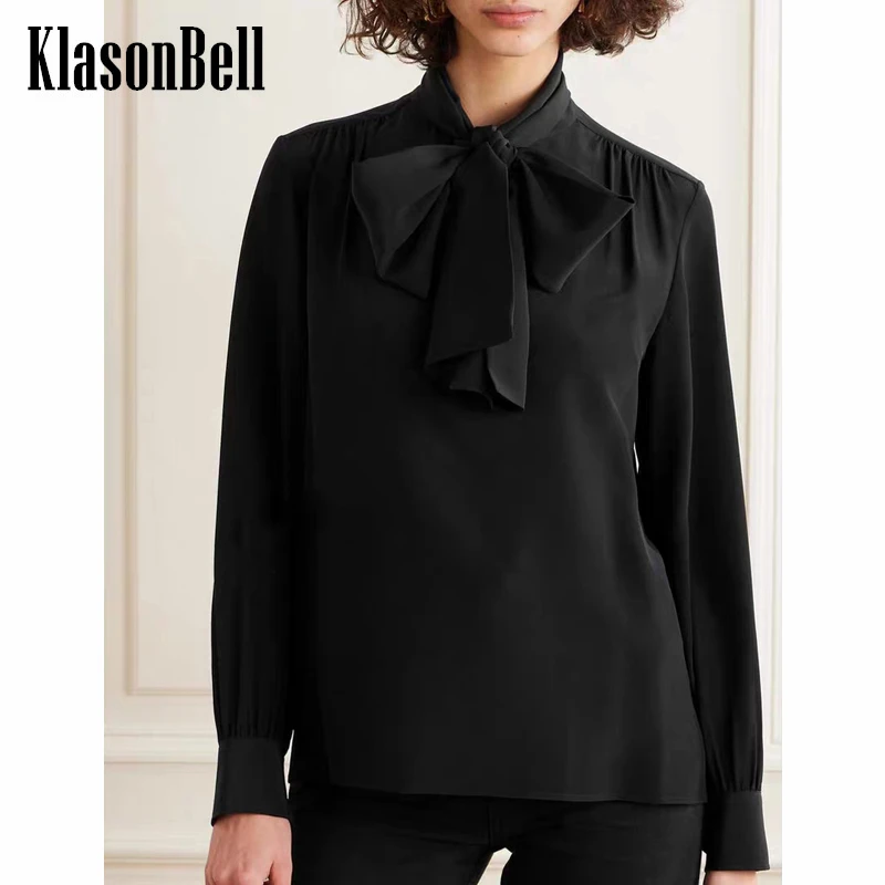 

6.14 KlasonBell Women Elegant Office Lady Black Shirt Ribbon Bow Collar Loose All-matches Black Pullover Blouse