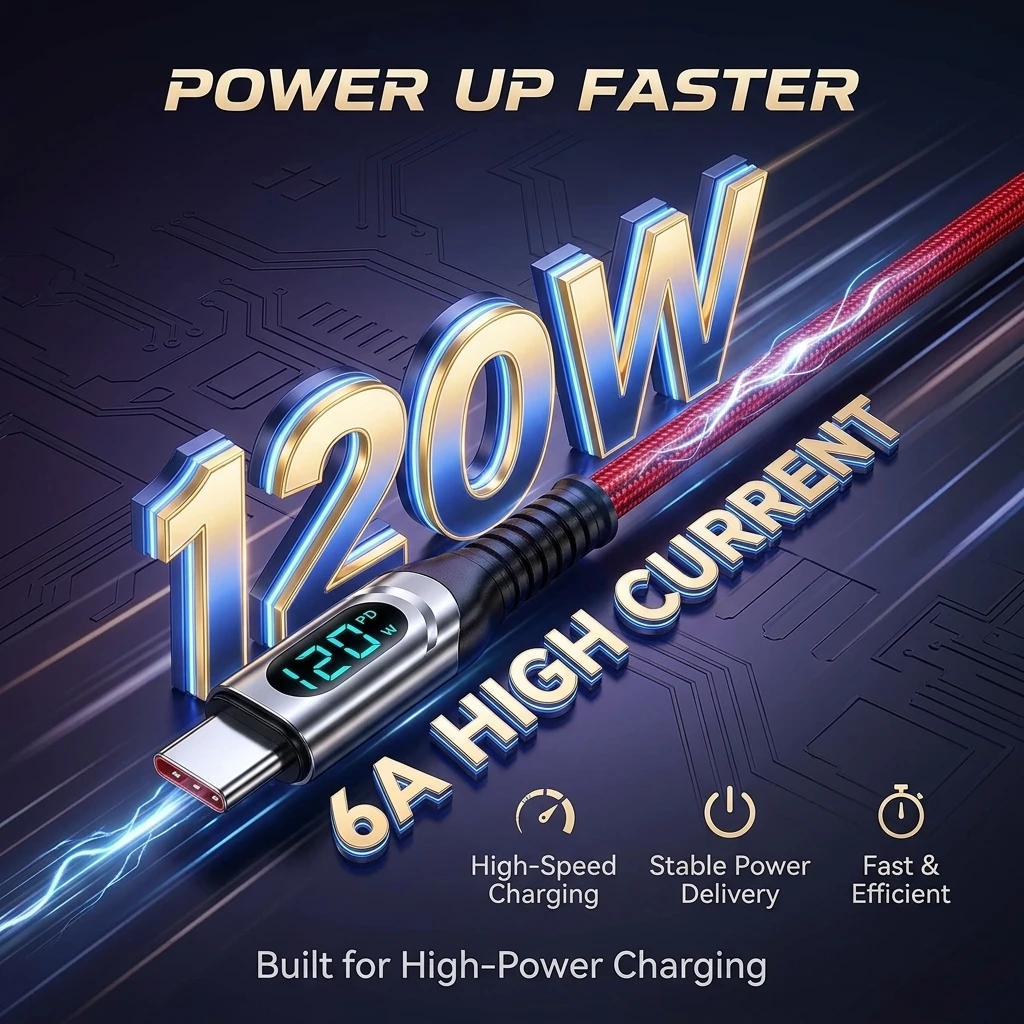 120W 6A USB C Cable LED Power Display Fast Charging Data Sync Type C Charger Cord for iPhone 17 16 15 Pro Max Samsung Xiaomi