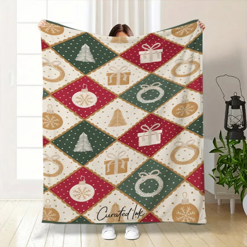 Wreath Star Pine Cone Xmas Print Throw Blanket Living Room Soft Blanket Guest Quarters Casual Nook Sunroom Christmas Presents