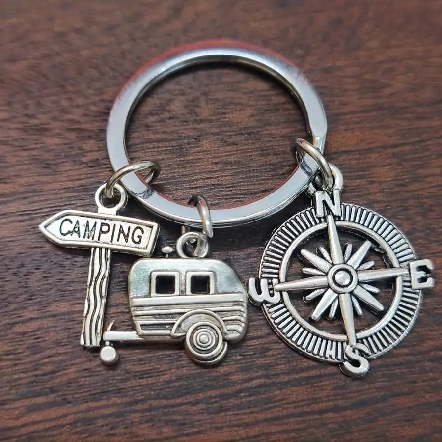 1/5/10/20/50/100pcs Camping RV Keychain, Camping Directional Sign Compass Key Ring, Women's Bag Charm Mixed Color Mini Items For