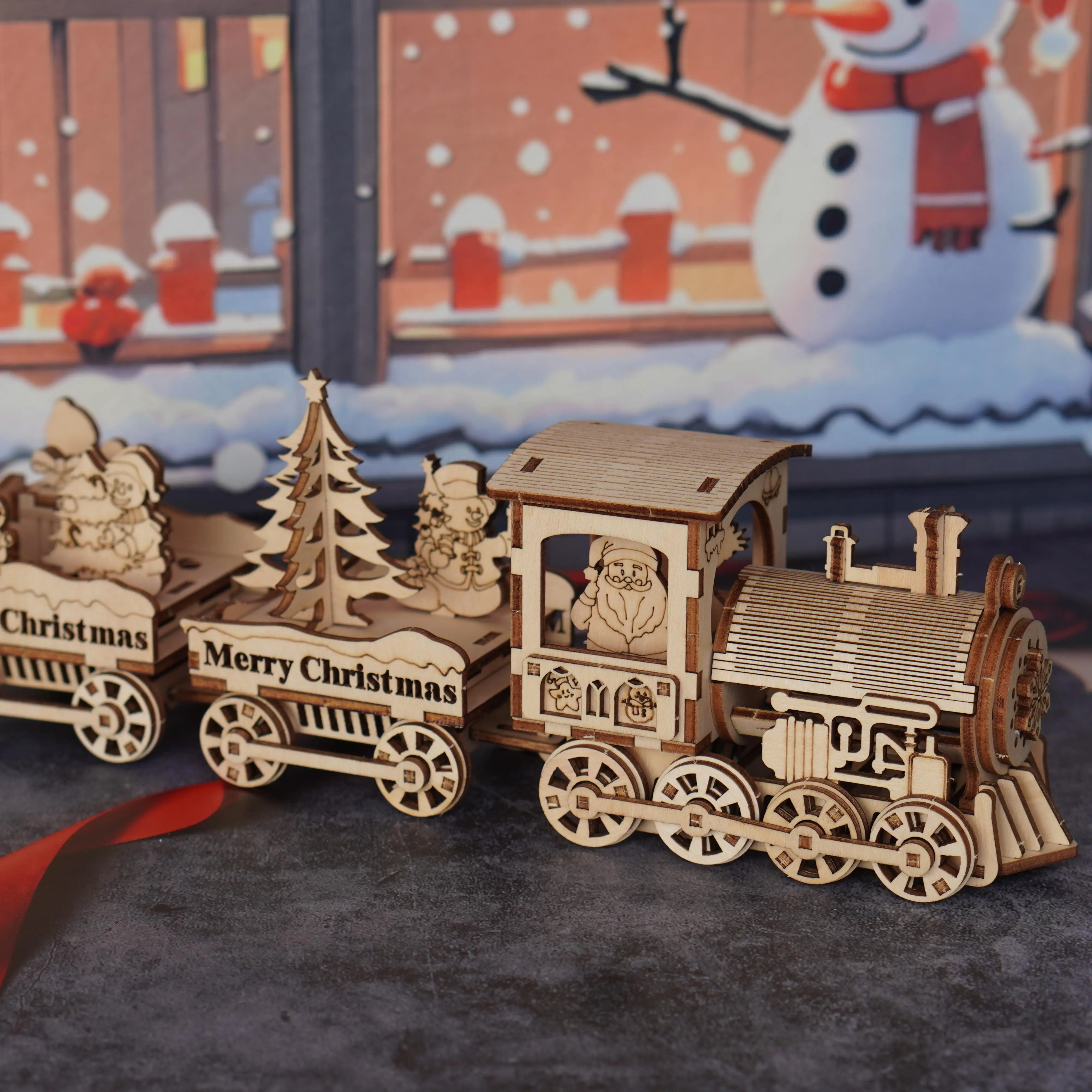 ألعاب ألغاز خشبية ثلاثية الأبعاد مناسبة للبالغين، نماذج تجميع قطار عيد الميلاد، نموذج مكعبات بناء خشبية مصنوعة يدويًا #3