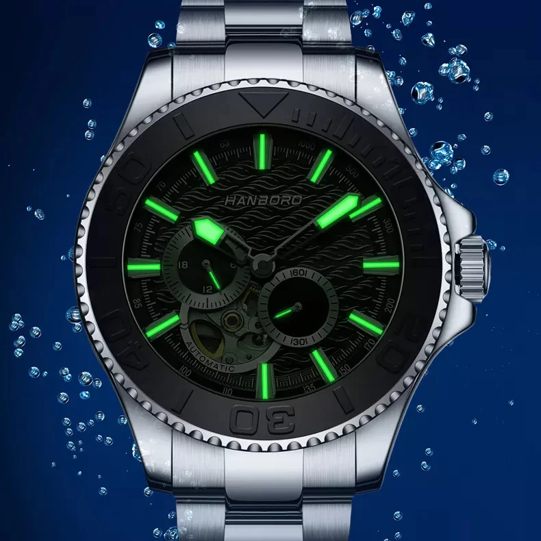 HANBORO Men Automatic Watch 43mm Mechanical Wristwatch 50M Waterproof Sapphire Mirror Luminous Ceramic Bezel 24 Hours Miyota82S7