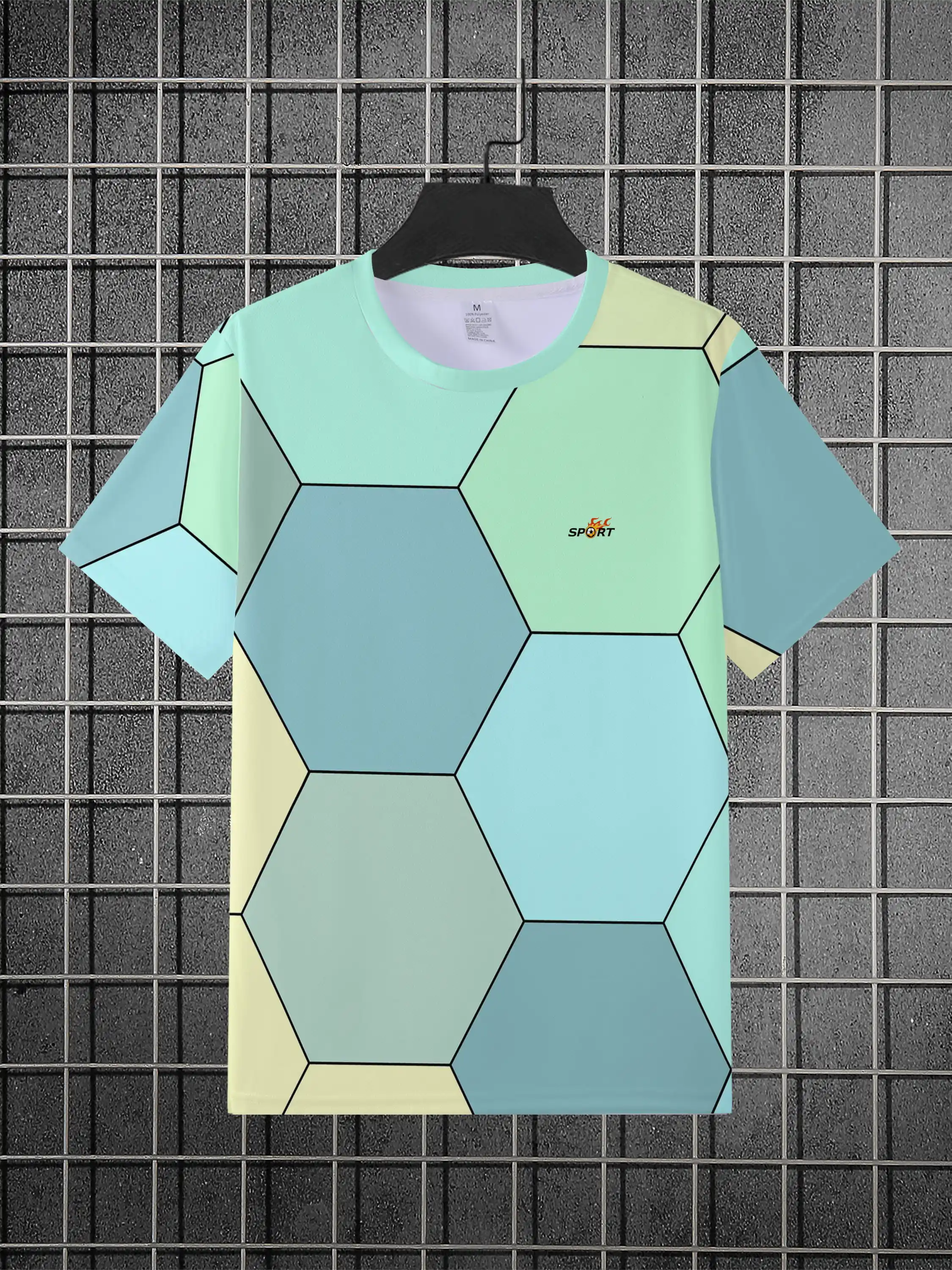 Men Light Blue Hexagon Geometric Print Crew Neck T-shirt Summer Slim Short Sleeve Daily Casual Top