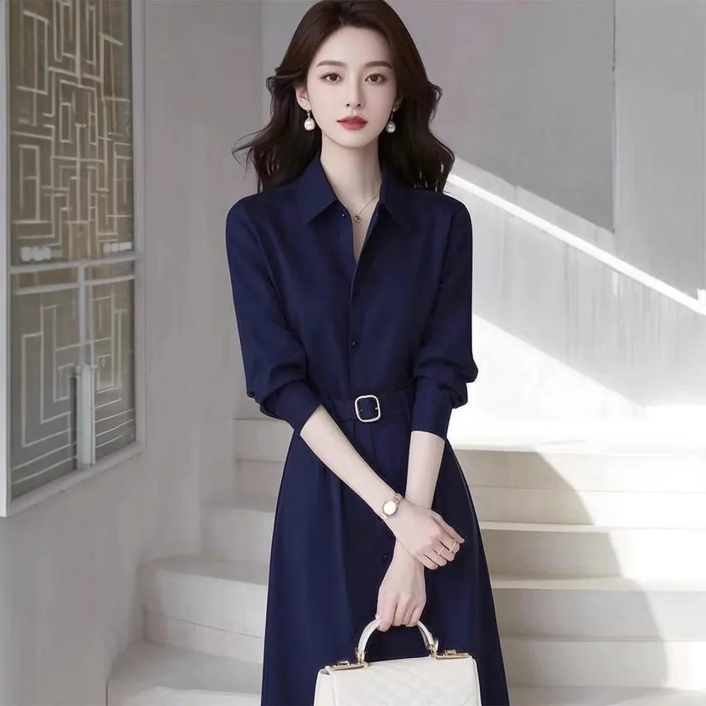 Frühlingshaftes, elegantes, französisches Hemdkleid im Socialite-Göttinnen-Stil, luxuriös und hochwertig, für formelle Anlässe, in Blau.