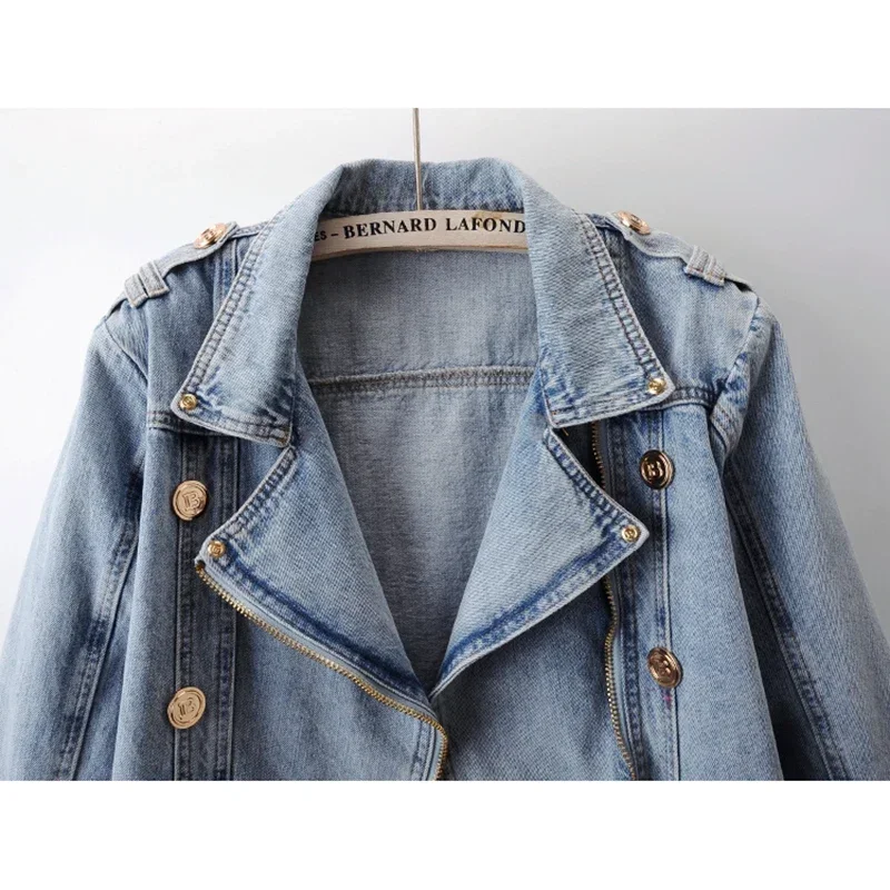 

Autumn Women Vintage Blue High Waist Zipper Denim Jacket Coat Loose Short Cowboy Outerwear Korean Hem Belt Jeans Jackets Female
