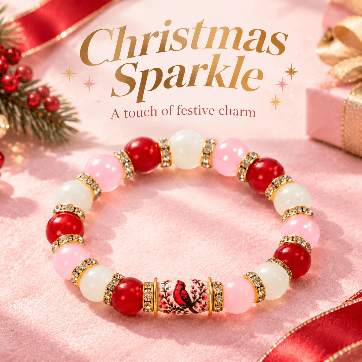 Northern Cardinal Christmas Bracelet, Red Pink White Beaded Stretch Jewelry, New Beginnings Symbol, Holiday Gift