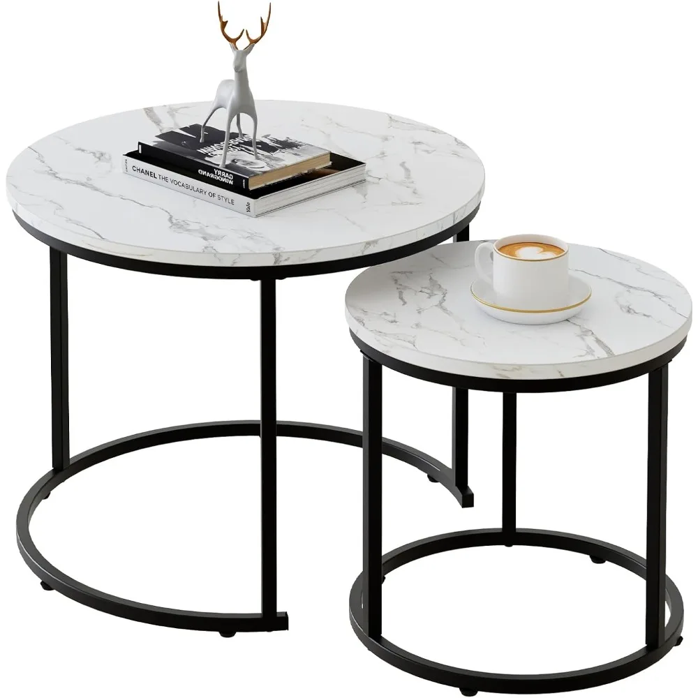 

Round Nesting Coffee Table Side Table Set of 2 End Tables for Living Room Bedroom Balcony, White Faux Marble Wooden Table Accen