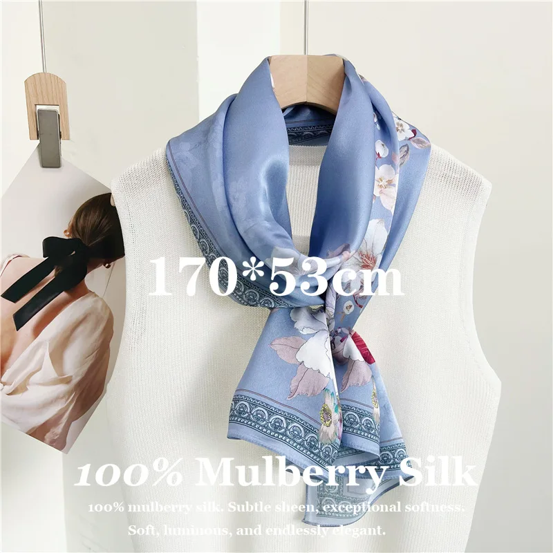 

High-End 100% Pure Silk Scarf 170x53cm Large Shawl Wrap Spring Summer Silk Scarves Poncho Breathable Soft Smooth Bandana Bufanda