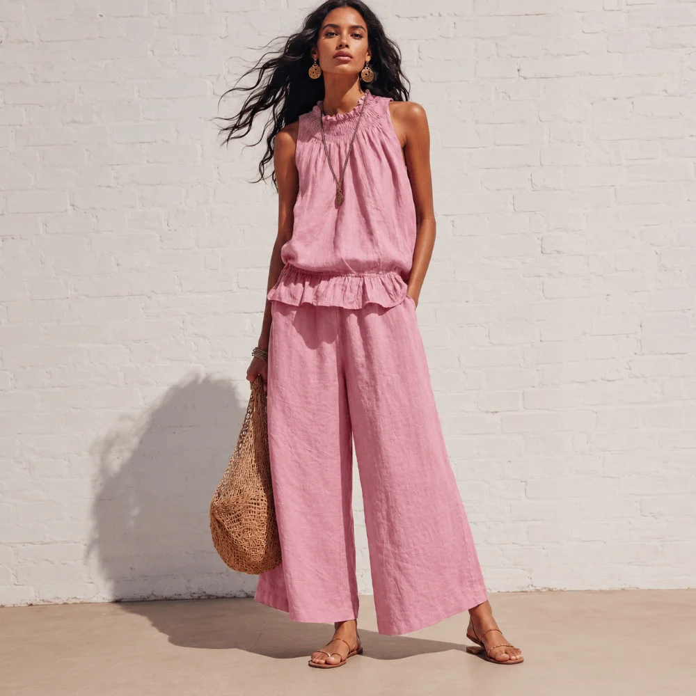Faux Linen Ruffle Outfit Ruffle Hem Smocked Neckline Ladies' Suit Elastic Waist Wide Leg Summer Pants Set Beach Vacation
