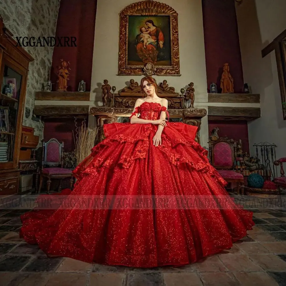 Rotes Ballkleid-Partykleid 2024, herzförmiges Mexiko-Schichten-Pailletten-Quinceanera-Kleid, Prinzessin Sweet 16, individuell gestaltet