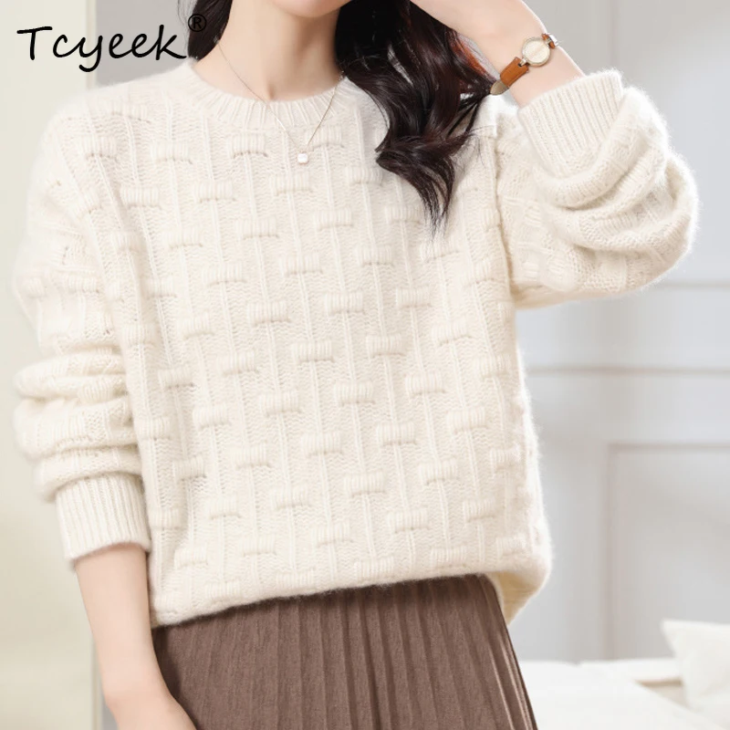 

Tcyeek, 100% Cashmere Elegant Sweater, Knitted Round Neck Fashionable Casual Loose Sweater, Autumn and Winter New T48925KS