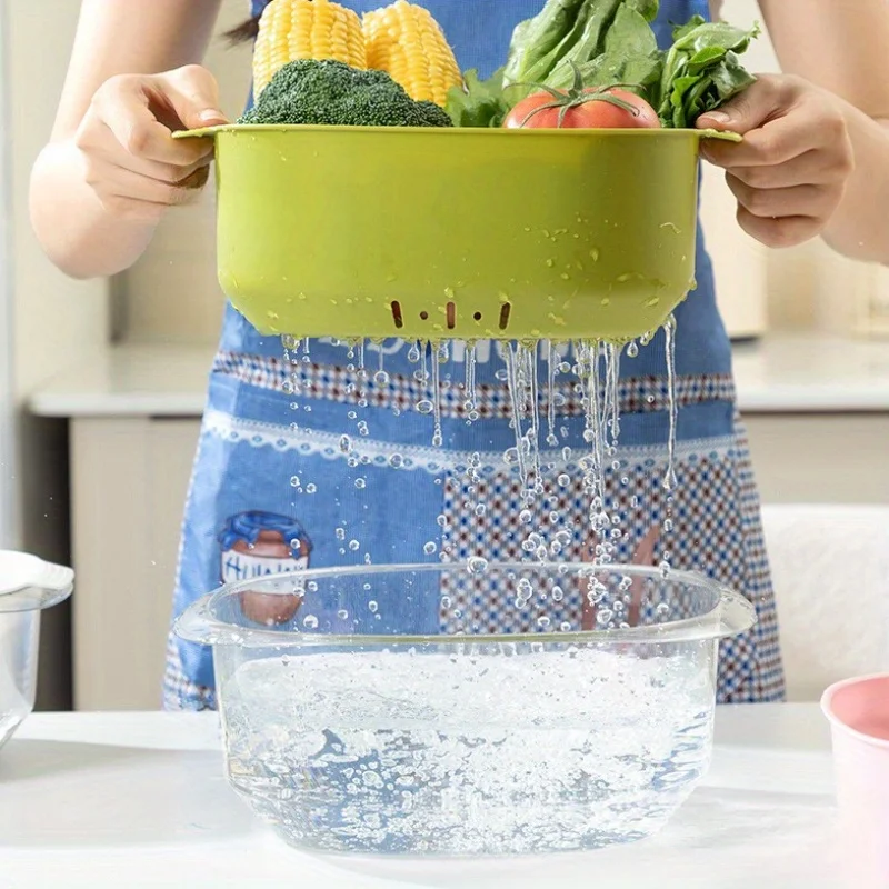 

2pcs/set, Double Layer Drain Basket for Washing Vegetables and Fruits - Reusable Plastic Colander with Kitchen Gadgets and Acces