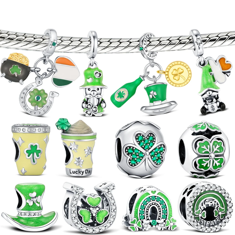 

New 925 Sterling Silver St. Patrick's Day Charms Irish & Lucky Pendants Fit Original Bracelets DIY Jewelry Making For Women Gift