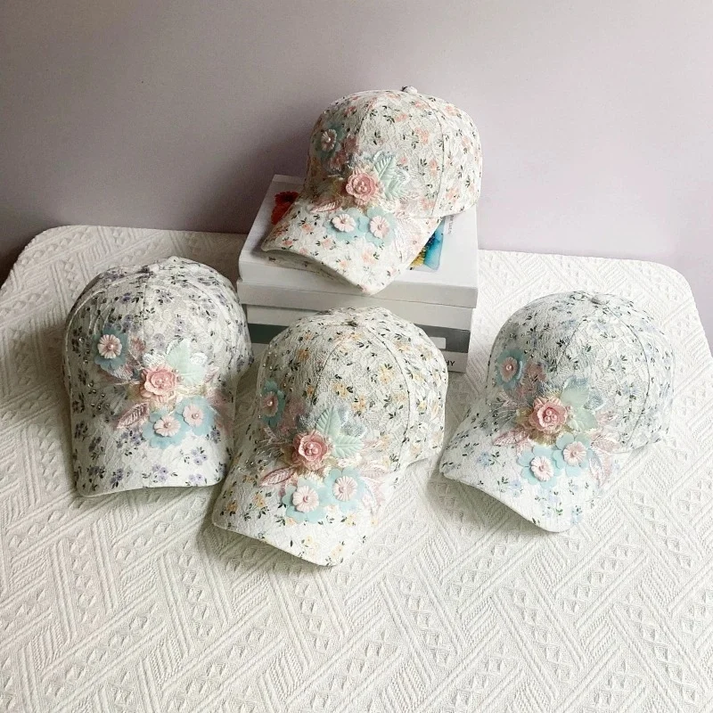 New Summer Women’s Sun Protection Hat: Korean-Style Trendy Handmade Floral Baseball Cap, Breathable Sun-Protective Open-Top Cap