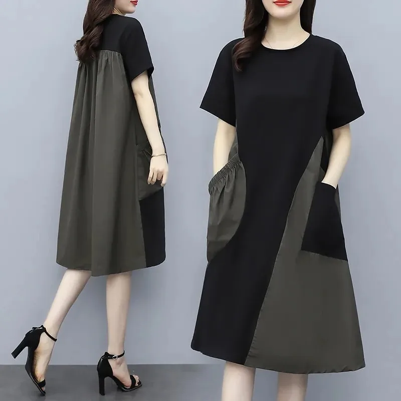 Vestido de Verano con Bloques de Color, Manga Corta, Hoado, Cintura Alta, Falda en Línea A, Estiliza y Cubre el Abdomen, Nu...