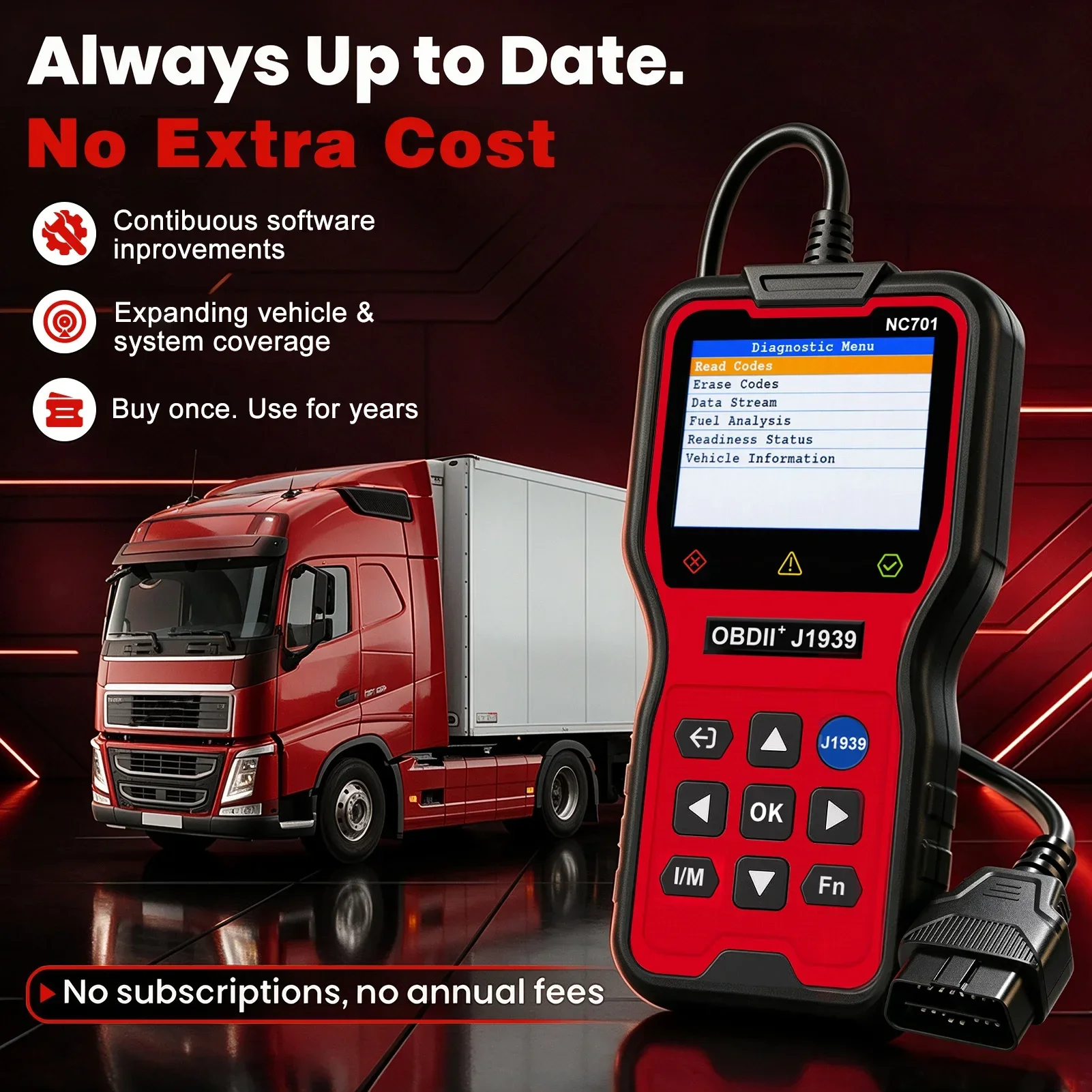 HUMZOR NC701 OBD2 OBDII Scanner Car Automotive Diagnostic Tool 2026 Fault Code Reader Live Data I/M Heavy Duty Trucks J1939 EOBD