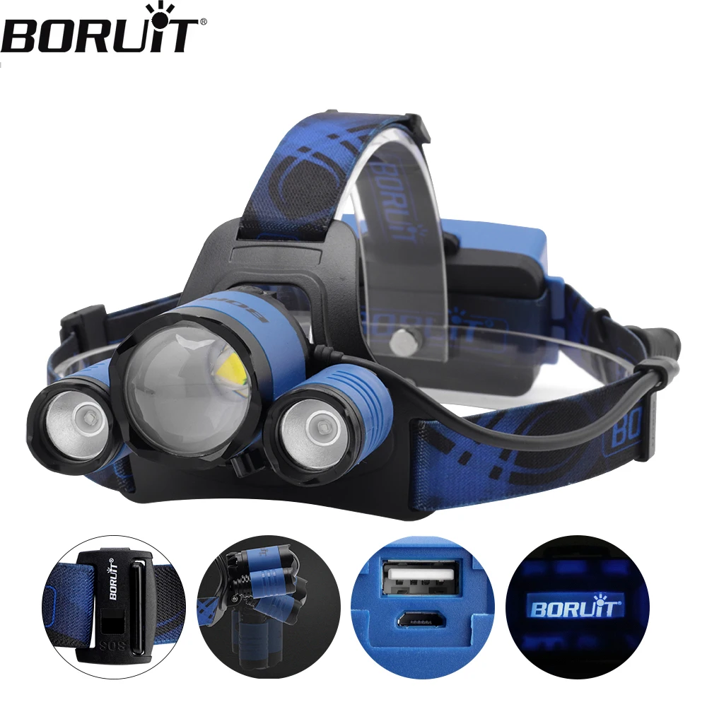 

BORUiT B22 LED Headlamp 3000LM XPE 4-Modes Zoom Headlight USB Rechargeable Power Bank Head Torch Camping Fishing Lantern